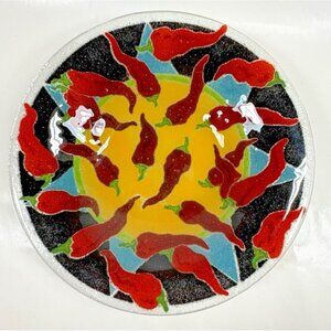 Peggy Karr Fused Glass Red Hot Chili Pepper Bowl Black Yellow 8.5 In Signed